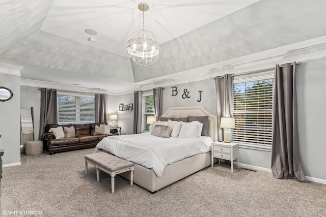 carpeted bedroom featuring baseboards, a chandelier, and vaulted ceiling