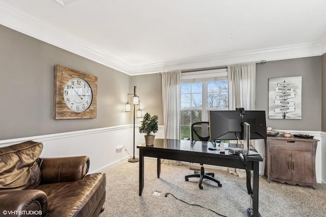 carpeted office with ornamental molding