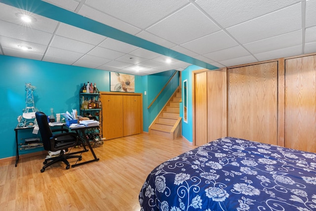 bedroom with hardwood / wood-style floors, a drop ceiling, and multiple closets