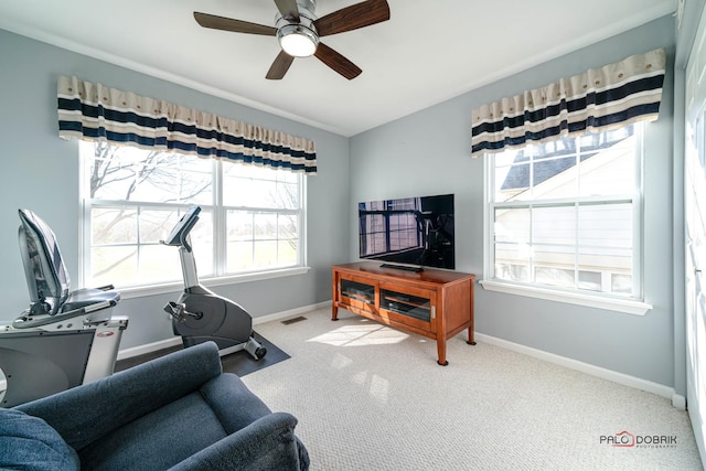 interior space featuring carpet flooring, ceiling fan, and a healthy amount of sunlight