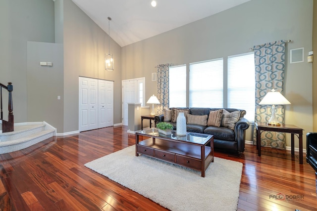 living room featuring wood-type flooring and high vaulted ceiling