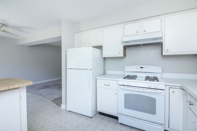 kitchen featuring white cabinets, white appliances, and ceiling fan