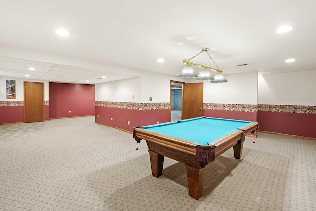 rec room featuring carpet and pool table