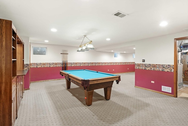 playroom featuring light carpet and billiards