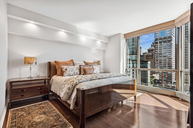 bedroom featuring floor to ceiling windows and wood-type flooring