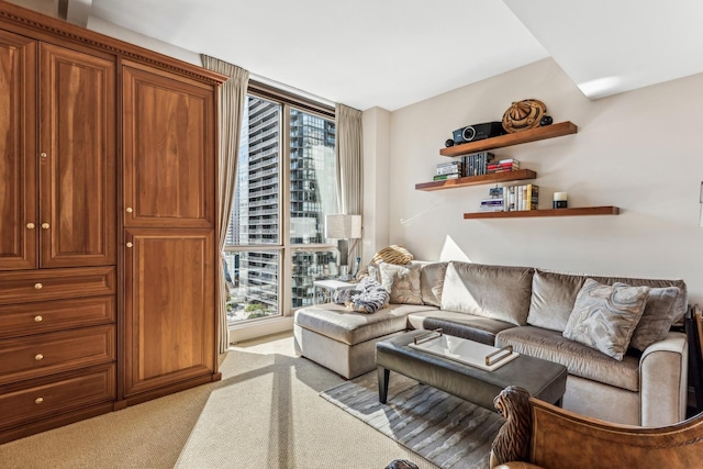 carpeted living room with a wall of windows