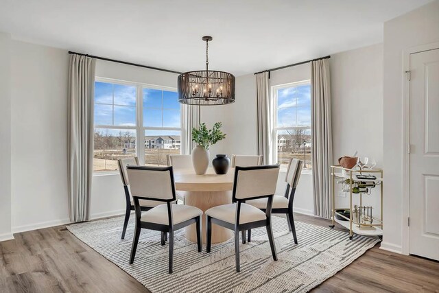 dining space with a notable chandelier, plenty of natural light, and light hardwood / wood-style flooring