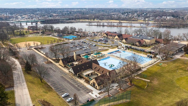 drone / aerial view featuring a water view