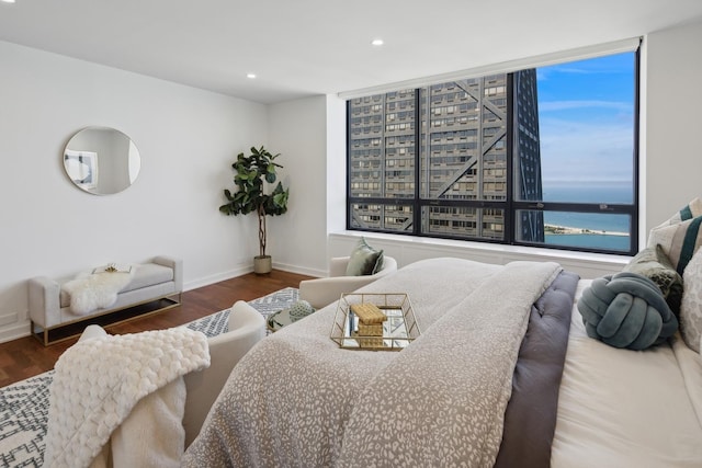 180 E Pearson St Unit 5401, Chicago, IL 60611 - bedroom with recessed lighting, baseboards, a water view, and wood finished floors