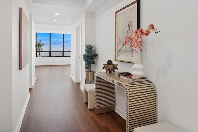 hall featuring wood finished floors and recessed lighting