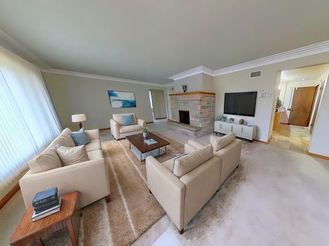 living room featuring a fireplace, light colored carpet, and ornamental molding