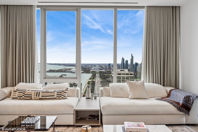 living room featuring hardwood / wood-style floors and a water view