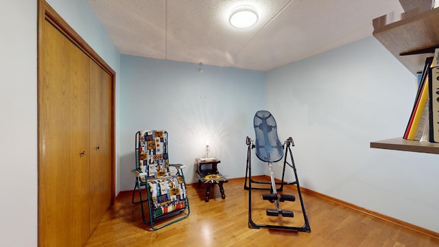 exercise room with light wood-style floors, a textured ceiling, and baseboards