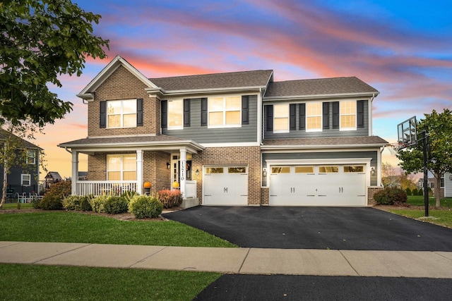 13710 Buchanan Dr, Lemont, IL 60439 - view of front facade with brick siding, an attached garage, a porch, and driveway