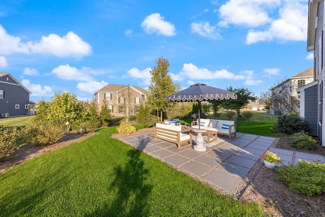 13710 Buchanan Dr, Lemont, IL 60439 - view of green lawn featuring an outdoor living space, a patio area, and a residential view