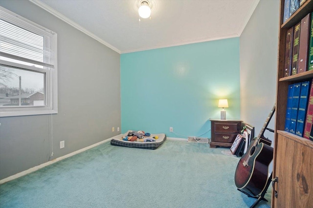 miscellaneous room featuring carpet and ornamental molding