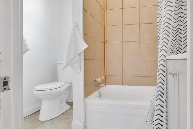 bathroom with tile patterned floors, toilet, and shower / bathtub combination with curtain