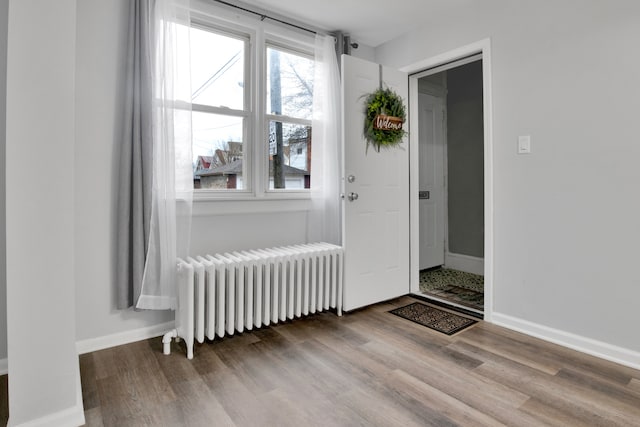 interior space with radiator heating unit and light hardwood / wood-style flooring