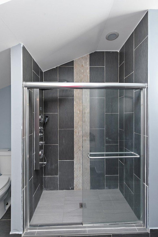 bathroom with a shower with door, lofted ceiling, and toilet