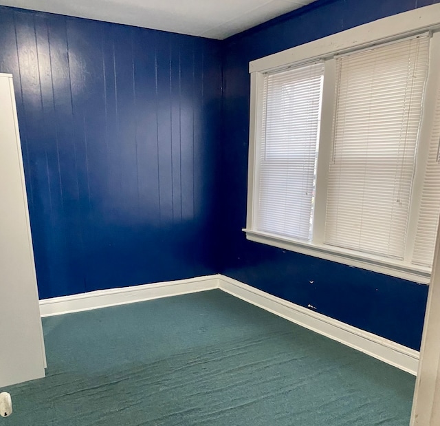 empty room with carpet floors and wooden walls