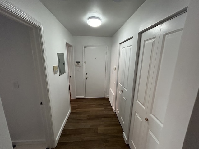 hall featuring electric panel and dark hardwood / wood-style flooring