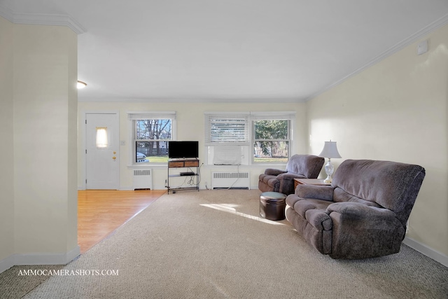 living room featuring radiator heating unit, light hardwood / wood-style floors, and ornamental molding