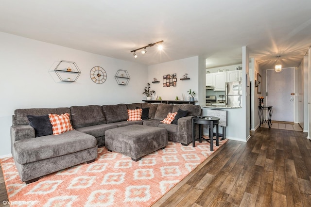 living room featuring rail lighting and hardwood / wood-style flooring