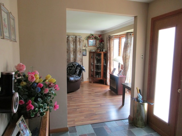 interior space featuring crown molding and hardwood / wood-style flooring