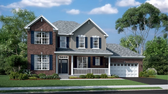 view of front of property featuring covered porch, a front yard, and a garage