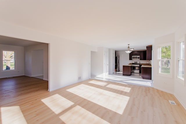 unfurnished living room with light hardwood / wood-style flooring, a wealth of natural light, and sink