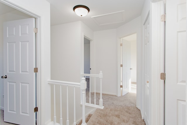 corridor featuring light colored carpet