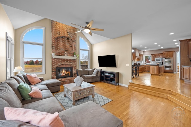 living room featuring a fireplace, light hardwood / wood-style flooring, and plenty of natural light