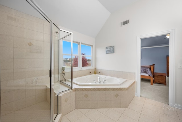 bathroom with tile patterned floors, plus walk in shower, and lofted ceiling