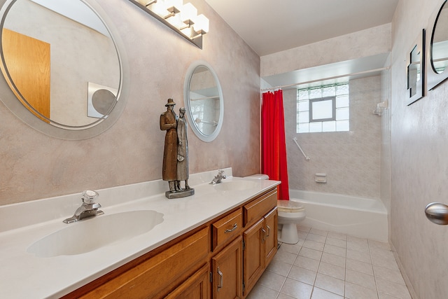 full bathroom featuring tile patterned floors, vanity, toilet, and shower / tub combo with curtain