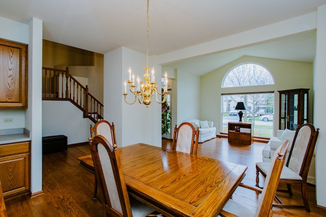 dining space featuring a notable chandelier, dark hardwood / wood-style flooring, and vaulted ceiling