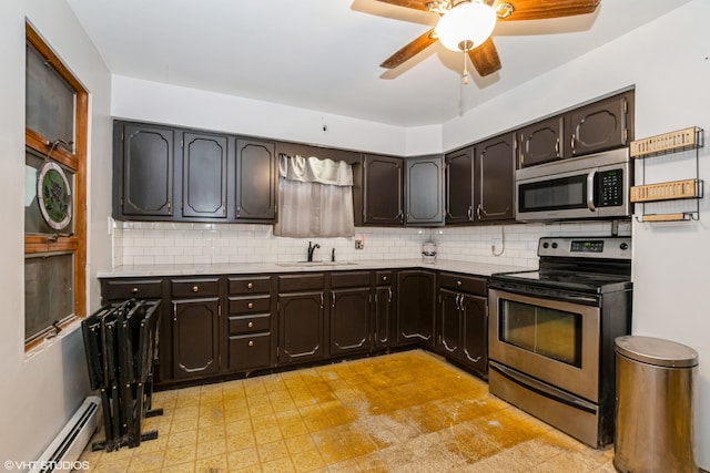 kitchen featuring dark brown cabinetry, sink, stainless steel appliances, baseboard heating, and decorative backsplash