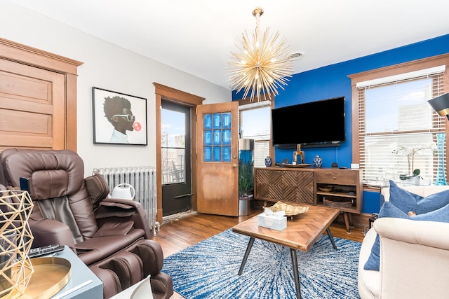 living room with a chandelier, wood-type flooring, plenty of natural light, and radiator