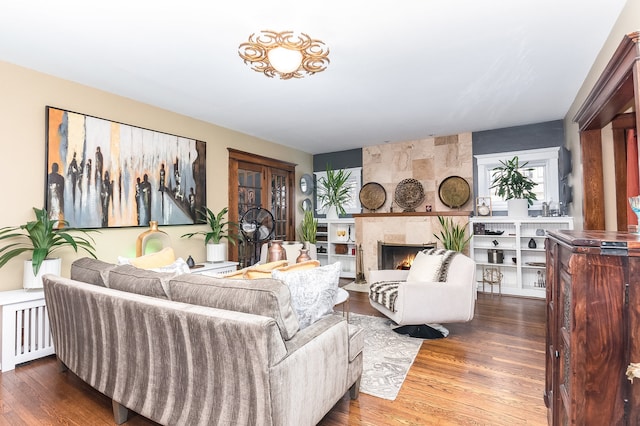 living room with a fireplace and wood-type flooring