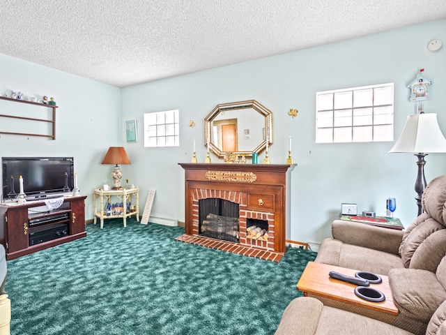 living room with a fireplace, carpet, a textured ceiling, and plenty of natural light