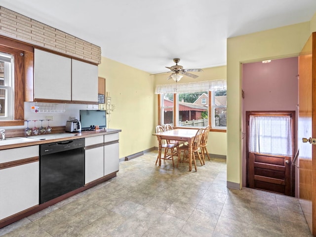 kitchen featuring dishwasher, white cabinetry, ceiling fan, and sink