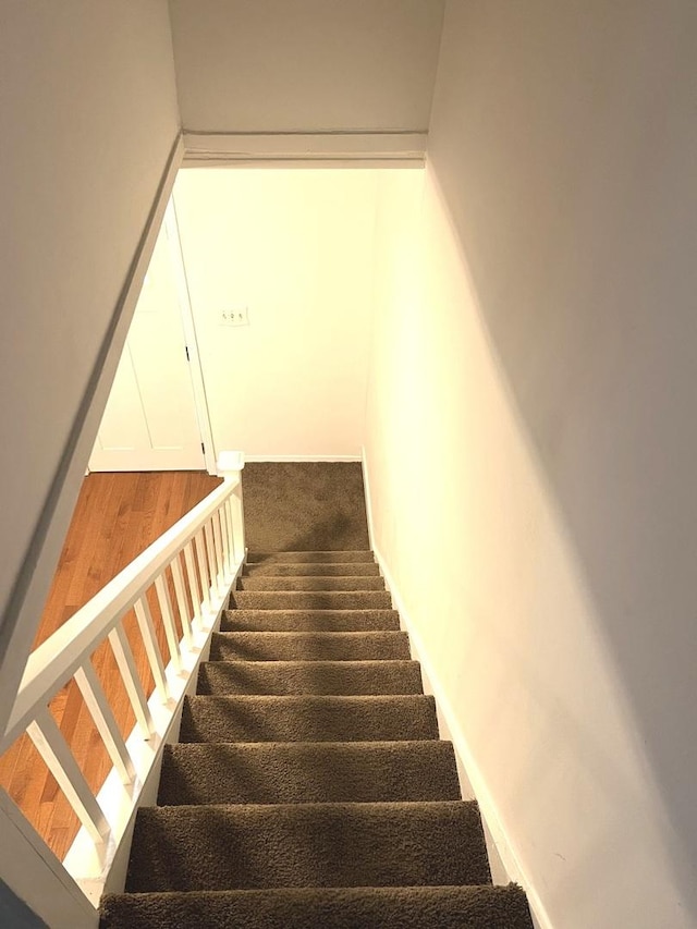 stairway with hardwood / wood-style flooring