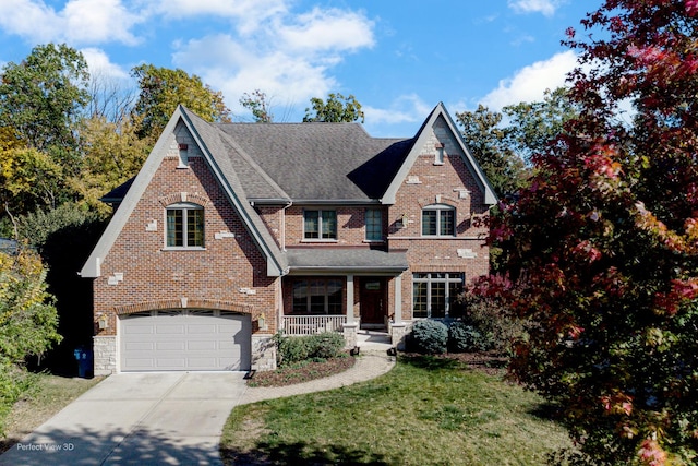 view of front of house with a garage, a porch, and a front yard