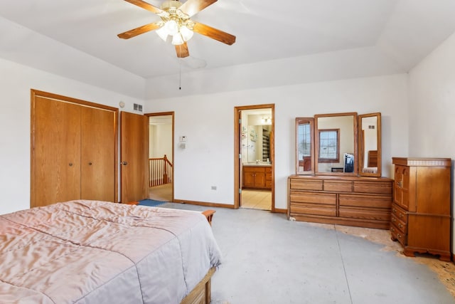 bedroom featuring ensuite bath, ceiling fan, and a closet