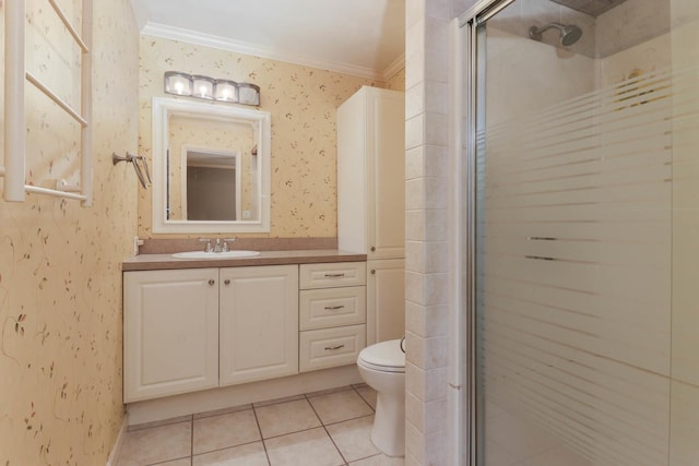 bathroom with tile patterned flooring, crown molding, toilet, a shower with door, and vanity