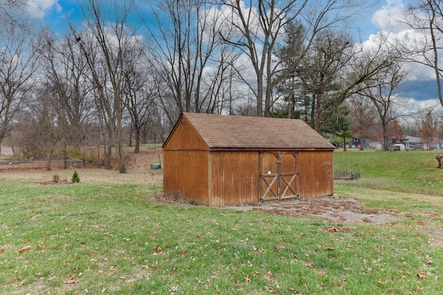 view of outbuilding with a yard