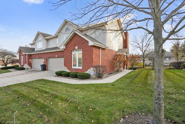 view of property exterior featuring a garage and a yard