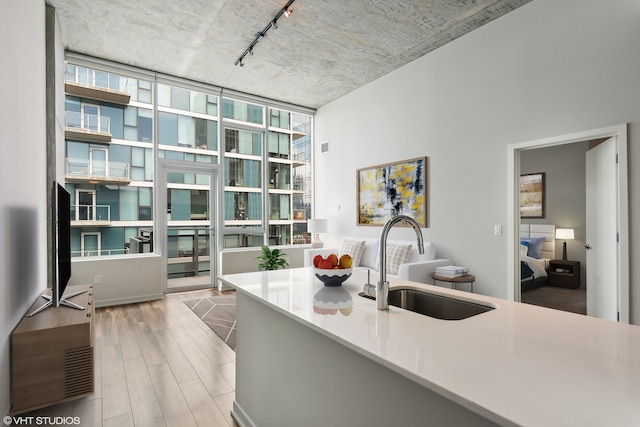 kitchen with a wall of windows, wood-type flooring, sink, and track lighting