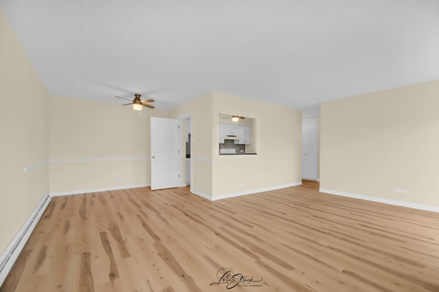 unfurnished living room with ceiling fan, light hardwood / wood-style floors, and a baseboard radiator