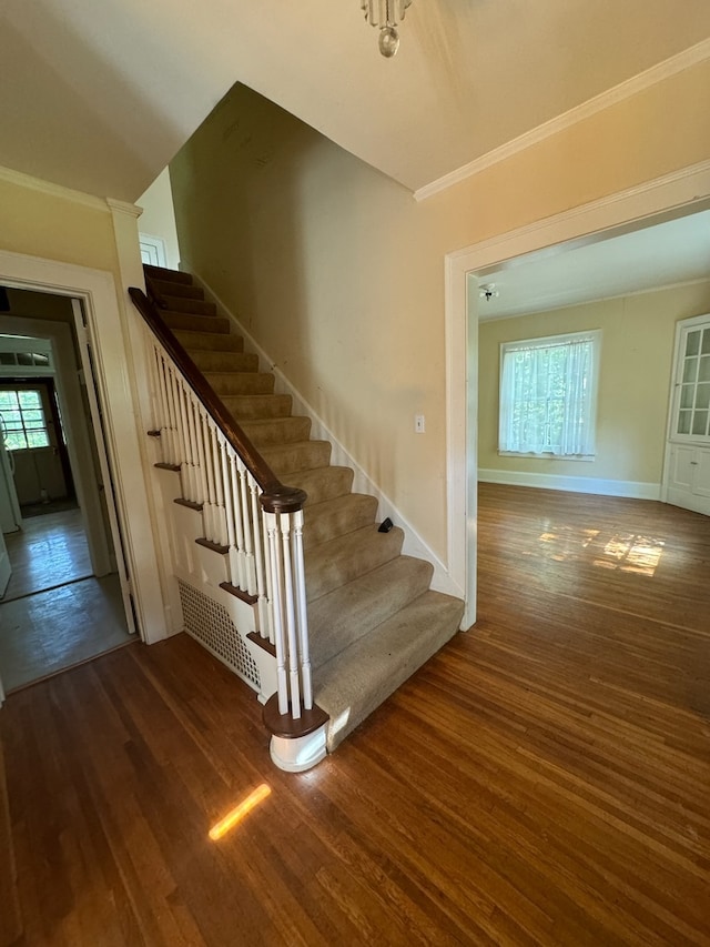 staircase with hardwood / wood-style flooring, a wealth of natural light, and crown molding