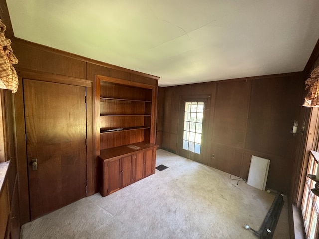 interior space featuring wood walls and light colored carpet